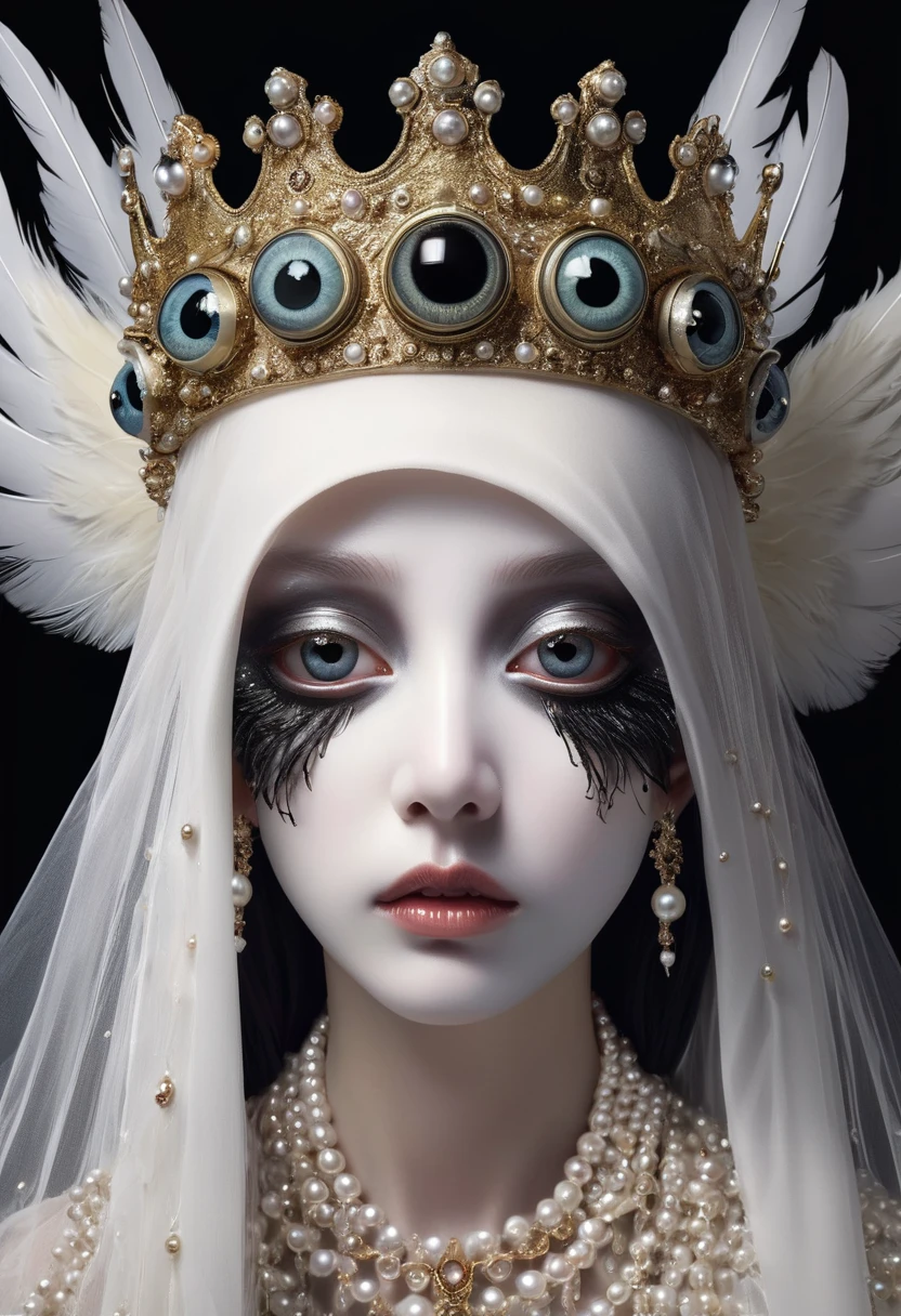 (masterpiece, best quality:1.2),Grotesque Aesthetics:1.56， Ugly faceless person，There are many eyeballs growing on the skin of the face，teeth， Solitary，black background，crown，veil，hand，Pearl Necklace，Feather wings