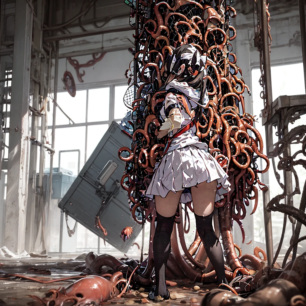 Girl captured by tentacles in abandoned factory　Tentacles in a skirt　Pants fabric texture　