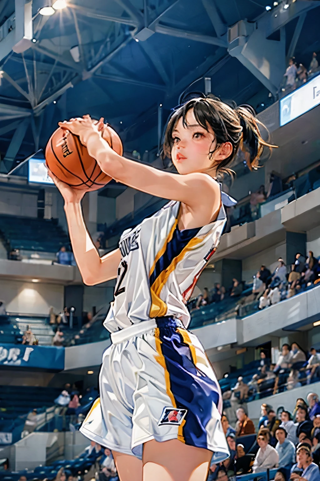 ((Female Basketball Player)), Young and beautiful girl、美しい顔のdetailedな描写、alone, dunk shot, Jumping Chute、close、Motion Blur、Dynamic Angle、stadium lighting、Blur the background、8Kdetailed, (detailed、masterpiece、Highest quality)、