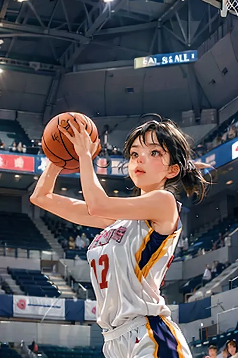 ((female basketball player)), young and beautiful girl、美しい顔のdetailedな描写、alone, dunk shot, jumping chute、close、motion blur、dynami...