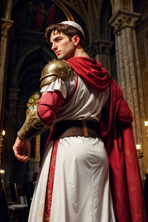 looking back, dariusferdynand wearing well-fitted sleeveless red and white sheer tight roman-catholic-pope robe-armor, looking a...