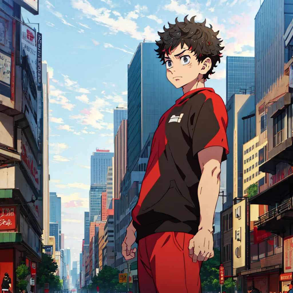 Male,Boy,Red Shirt, City Background, black Hair, Grey eyes, HD, Anime Style, Illustration