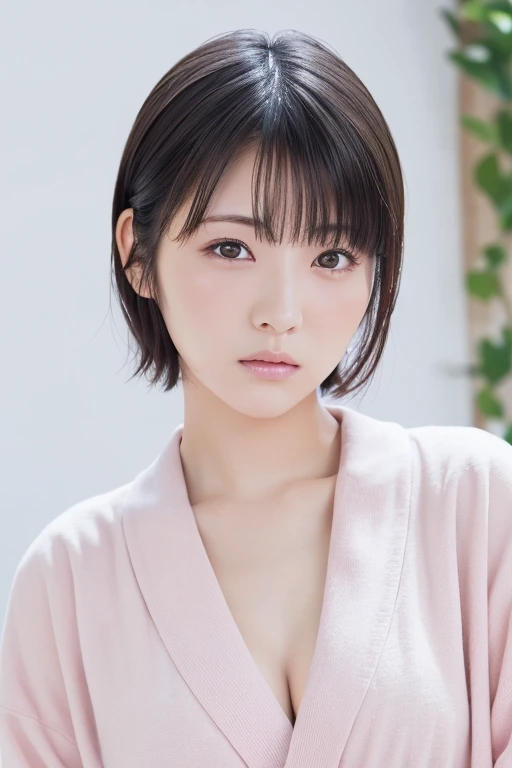 Beautiful Japanese Women、Age 25、Pink bathrobe, (RAW Photos, Highest quality), (reality, Realistic:1.4), Clean look、Ample breasts、double eyelid、very detailed eyes and face, Beautiful and detailed nose, Beautiful eyes, Perfect Anatomy, Black short hair, bangs、Crystal skin, Serious face、Sleepy expression、Face Focus