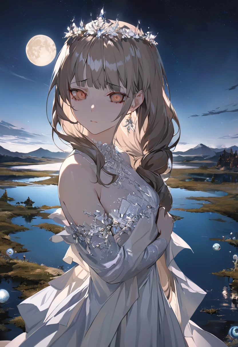 “A beautiful 20-year-old girl stands by a moonlit lake, her delicate and melancholic beauty illuminated by the soft, silvery light of the moon. She exudes a graceful yet fragile aura, her eyes filled with a sense of wistfulness as she gazes towards the viewer. The calm, reflective lake and the ethereal glow of the moon create a serene and enchanting atmosphere, perfectly complementing her elegant and melancholic presence.”light brown hair, braided ponytail, hair behind ear, hair over shoulder, crystal hair, diagonal bangs, head wreath, tiara, eyeball, empty eyes, amber eyes, crystal earrings, shy, determined, worried, pensive, Surrealism, Conceptual art, anime, anime style, cowboy shot, 8k, super detail, UHD, masterpiece, accurate, accurate, textured skin, textured skin, high details, high quality, award winning, best quality, highres