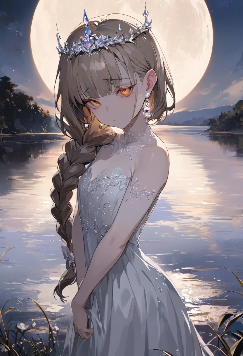 “A beautiful 20-year-old girl stands by a moonlit lake, her delicate and melancholic beauty illuminated by the soft, silvery light of the moon. She exudes a graceful yet fragile aura, her eyes filled with a sense of wistfulness as she gazes towards the viewer. The calm, reflective lake and the ethereal glow of the moon create a serene and enchanting atmosphere, perfectly complementing her elegant and melancholic presence.”light brown hair, braided ponytail, hair behind ear, hair over shoulder, crystal hair, diagonal bangs, head wreath, tiara, eyeball, empty eyes, amber eyes, crystal earrings, shy, determined, worried, pensive, Surrealism, Conceptual art, anime, anime style, cowboy shot, 8k, super detail, UHD, masterpiece, accurate, accurate, textured skin, textured skin, high details, high quality, award winning, best quality, highres