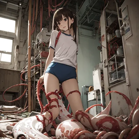 girl captured by tentacles in abandoned factory、tentacles in a skirt、pants fabric texture、pleasant face