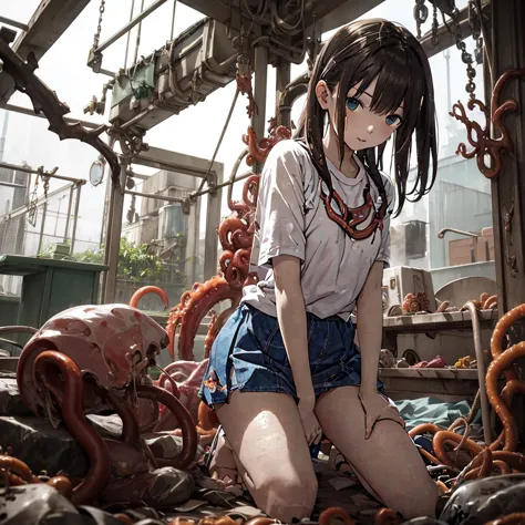 girl captured by tentacles in abandoned factory、tentacles in a skirt、pants fabric texture、pleasant face