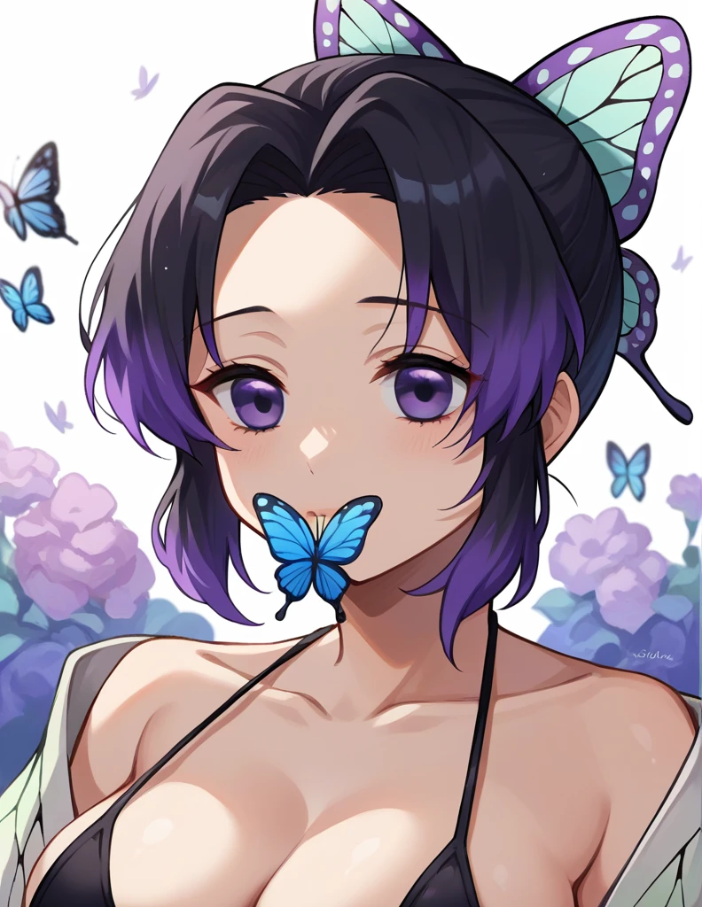 score_9, score_8_up, score_7_up, source_アニメ,
ShinobuKochou, Shinobu Kochou, animal print, black hair, butterfly, butterfly hair ornament, butterfly print, forehead, gradient hair, hair ornament, haori, multicolored hair, parted bangs, purple hair, short hair, two-tone hair,Micro Bikini, Big Breasts, A scornful face, Close your mouth, Breasts focus