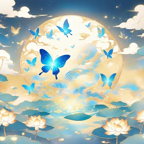 dunhuang art style illustration,many golden blue butterflies surrounded by auspicious clouds，transparent diamond wings,magnifice...