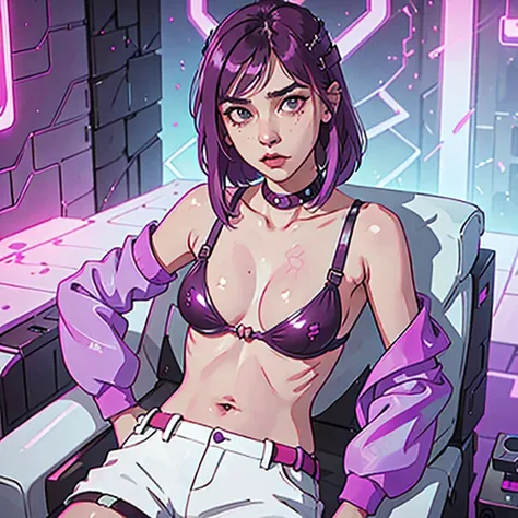 araffe with purple hair and a purple bra top posing for a picture, cyberpunk 2 0 y. o model girl, female cyberpunk anime girl, d...