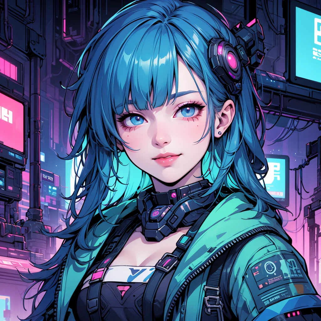 there is a woman with blue hair and a jacket, hyper-realistic cyberpunk style, realistic art style, Retrato ciberpunk, 🤤 portrait of , cyberpunk artstyle, cyberpunk anime digital art, Retrato de RossDraws, garota cyberpunk sonhadora, the cyberpunk portrait of , portrait of cg society, cyberpunk style ， hyper realist, realism art style, photorealistic art style, rossdraws pastel vibrante, smiling, 80s comic style image