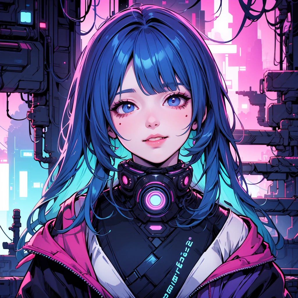 there is a woman with blue hair and a jacket, hyper-realistic cyberpunk style, realistic art style, Retrato ciberpunk, 🤤 portrait of , cyberpunk artstyle, cyberpunk anime digital art, Retrato de RossDraws, garota cyberpunk sonhadora, the cyberpunk portrait of , portrait of cg society, cyberpunk style ， hyper realist, realism art style, photorealistic art style, rossdraws pastel vibrante, smiling, 80s comic style image