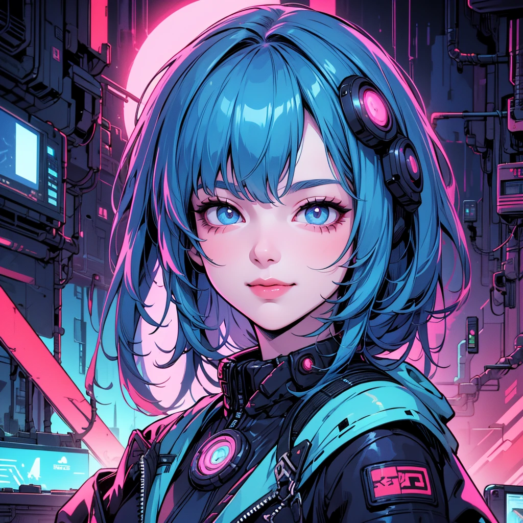 there is a woman with blue hair and a jacket, hyper-realistic cyberpunk style, realistic art style, Retrato ciberpunk, 🤤 portrait of , cyberpunk artstyle, cyberpunk anime digital art, Retrato de RossDraws, garota cyberpunk sonhadora, the cyberpunk portrait of , portrait of cg society, cyberpunk style ， hyper realist, realism art style, photorealistic art style, rossdraws pastel vibrante, smiling, 80s comic style image