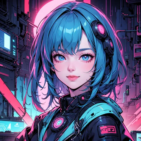 there is a woman with blue hair and a jacket, hyper-realistic cyberpunk style, realistic art style, retrato ciberpunk, 🤤 portrai...