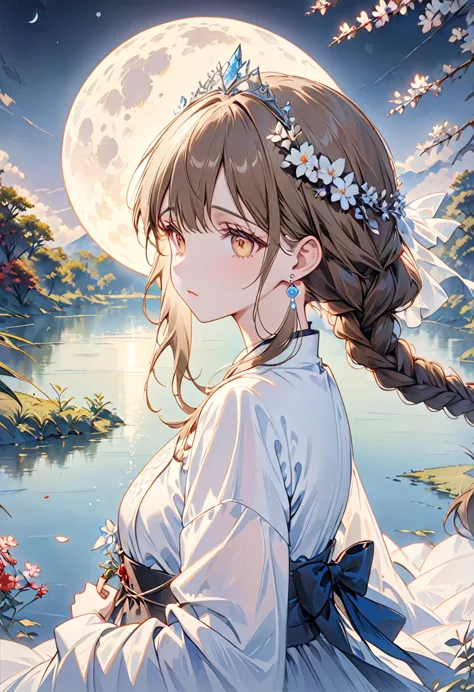 “a beautiful 20-year-old girl stands by a moonlit lake, her delicate and melancholic beauty illuminated by the soft, silvery lig...