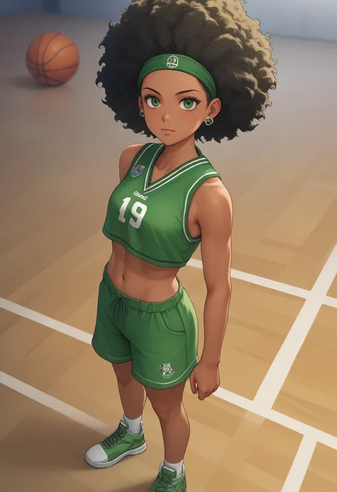 athletic, skinny, cute, dark skin, ebony girl, green afro hairstyle, green eyes, Boston Celtics uniform, green sneakers, spectac...