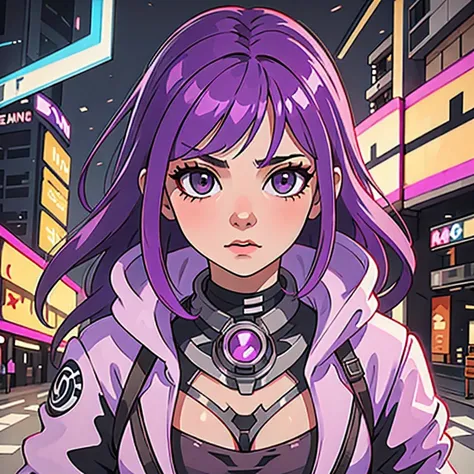 araffe with purple hair and a purple bra top posing for a picture, cyberpunk 2 0 y. o model girl, female cyberpunk anime girl, d...