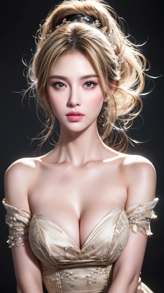 best quality, masterpiece, Big , (Large Breasts), Delicate skin texture, Detailed fabric texture, Delicate face, Super Detail, 8k, Intricate details, 1 Girl, 30 years old, High contrast, High resolution eyes, Dark Blonde Goddess，Royal sister，Sexy body。