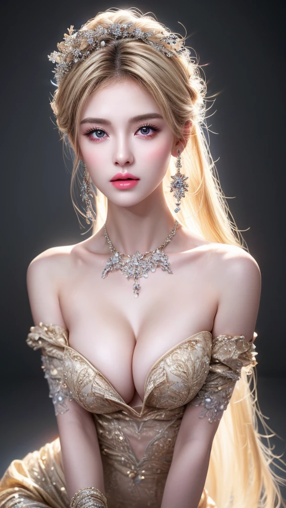 best quality, masterpiece, Big , (Large Breasts), Delicate skin texture, Detailed fabric texture, Delicate face, Super Detail, 8k, Intricate details, 1 Girl, 30 years old, High contrast, High resolution eyes, Dark Blonde Goddess，Royal sister，Sexy body。