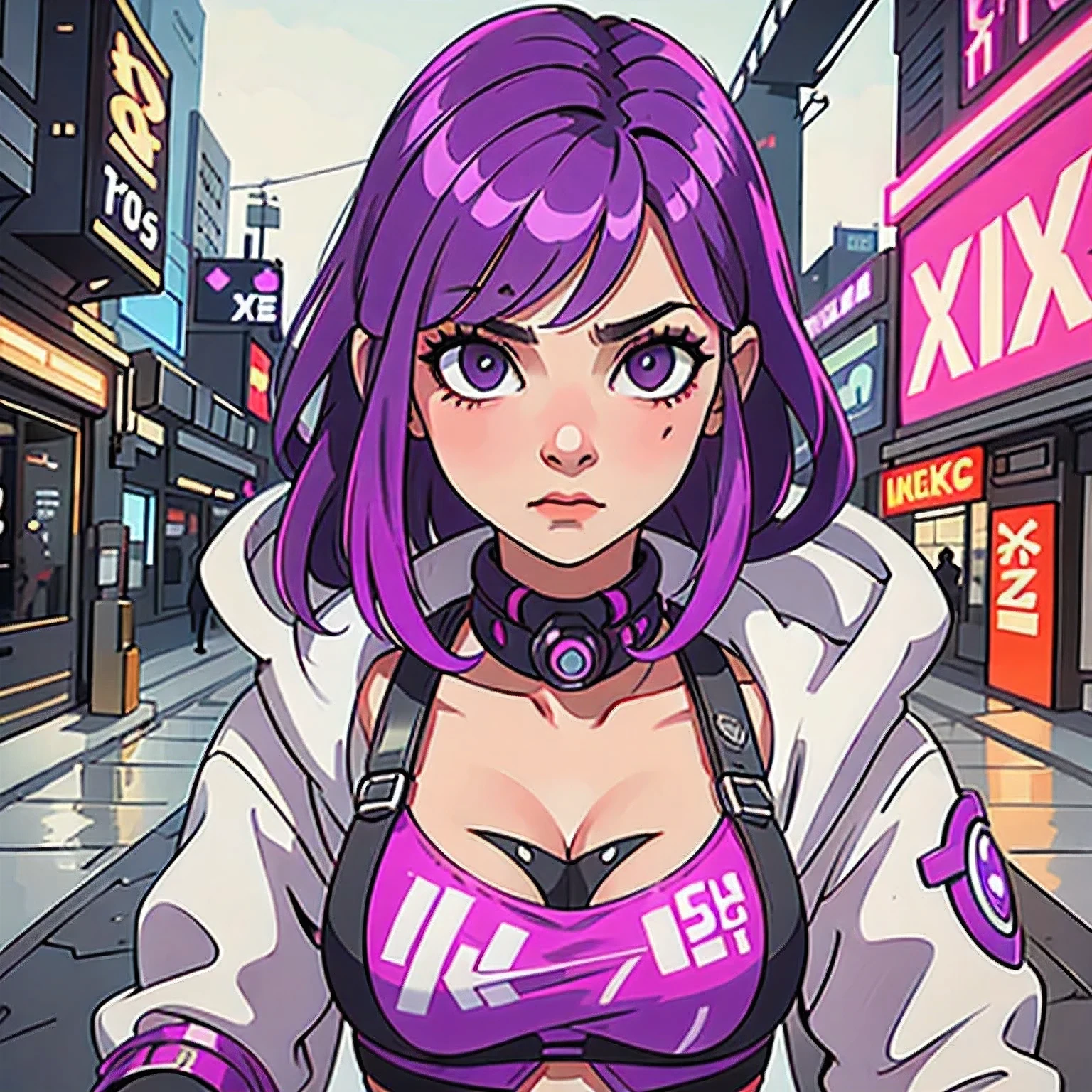 Araffe mit lila Haaren und einem lila BH-Top posiert für ein Foto, cyberpunk 2 0 y. o Modell Mädchen, female cyberpunk anime girl, dreamy cyberpunk girl, cyberpunk anime girl, hyper-realistic cyberpunk style, schönes Cyberpunk-Mädchen, cyberpunk art ultrarealistic 8k, cyberpunk vibe, muted cyberpunk style, cyberpunk vibes, in cyberpunk style, cyberpunk style color