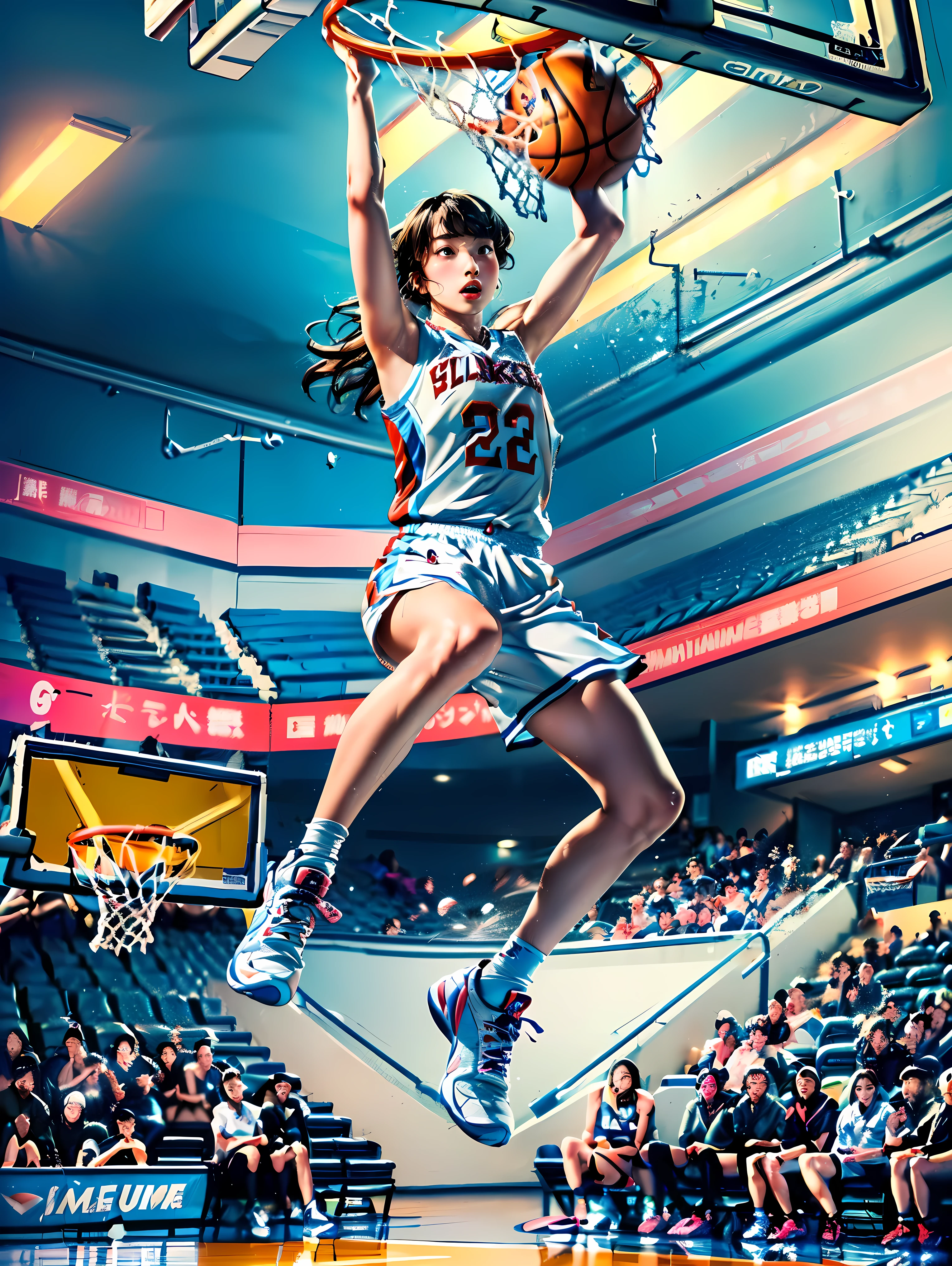 (Best quality, soft color photograph, colorful, sharp focus), (full body, wide angle shot), (1 cute Japanese girl), ((game winning dunk), ((slam dunk):1.2), ((basketball athlete):1.1), (Nana Komatsu), Jackson Pollock action photograph, kinetic expression, colorful hair, (Art Minimalism:1.1), basketball stadium background, style photograph magic
