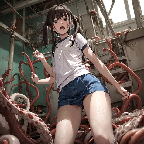 girl captured by tentacles in abandoned factory、tentacles in a skirt、pants fabric texture、cry and scream