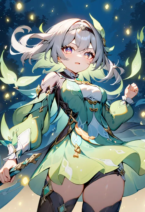 an anime girl，genshin impact，firefly，silver hair，green clothes，cool，thigh，holding a sword，chest