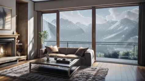 Living room with fireplace and sofa, tv set、Large windows、Vray 8K Rendering, 8K Photorender Reality Engine, Rendered with Unreal...