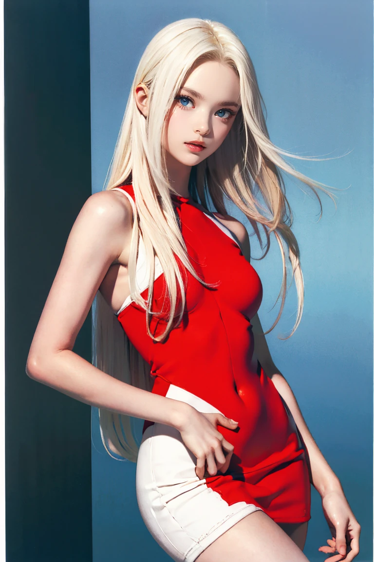 blonde, girl,  (1980s Style), ((Red sleeveless tight dress)), Big Breasts,Long Hair, (NSFW:1.0),Tall Supermodels、Long-legged supermodel、supermodel,((Highest quality、Best image quality、Ultra-high resolution、Ultra-high resolutionで描画、Very beautiful adult Nordic woman、Strong eye highlights)),NSFW,(See-through)