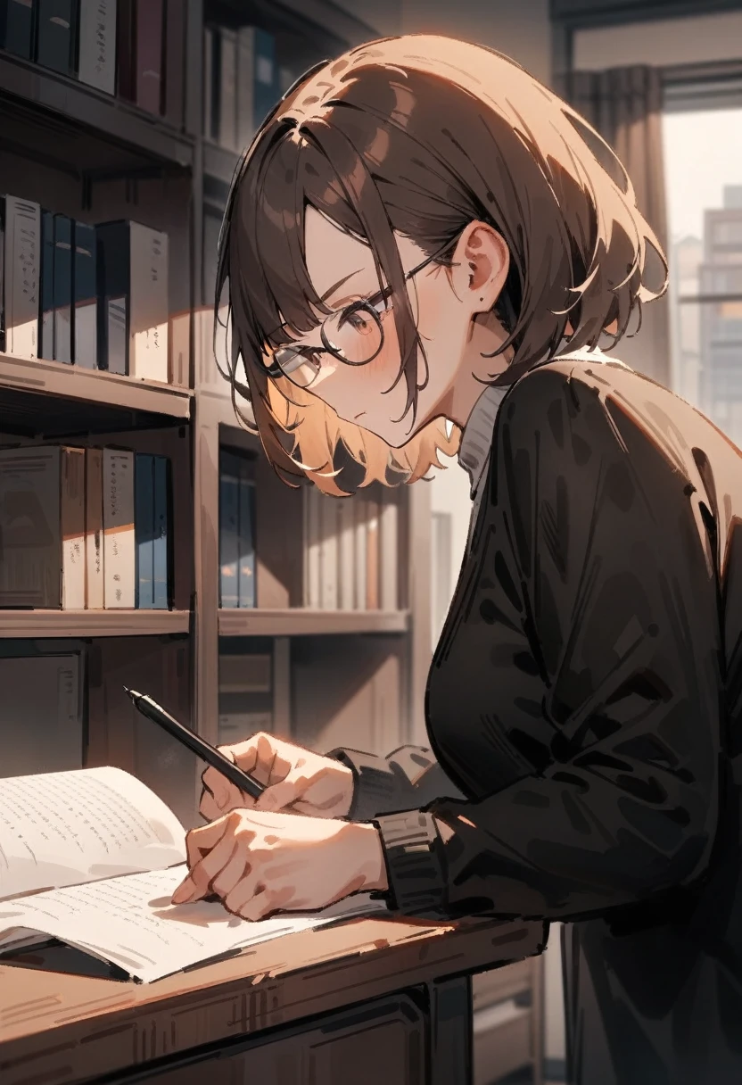 masterpiece, best quality, very aesthetic, absurdres, newest, 1girl, solo, asymmetrical bangs, tareme, 1girl, solo, adult, brown hair, short hair, brown eyes, looking down, serious expression, wearing glasses, wearing a sweater, indoor, study room, writing on manuscript paper, bookshelf in background, focused mood, three-quarter view