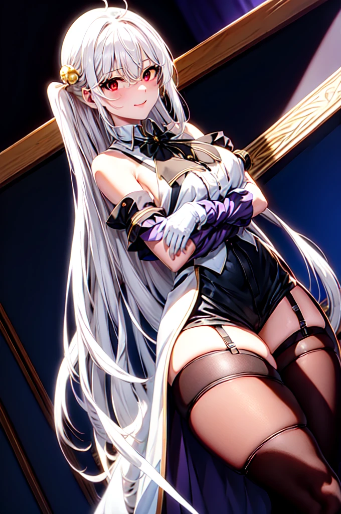 ninym ,masterpiece, glowing light,small breasts, perfect lighting, looking at viewer, 1girl, mature female,cowboy shot,thighs, white hair,gradient hair,red eyes, gradient eyes, glowing eyes, black thighhighs, thigh straps, white shirt, black bowtie, white gloves, ahoge, purple sleeves, (simple background), white background, gradient background, light smile, crossed arms, sitting, crossed legs