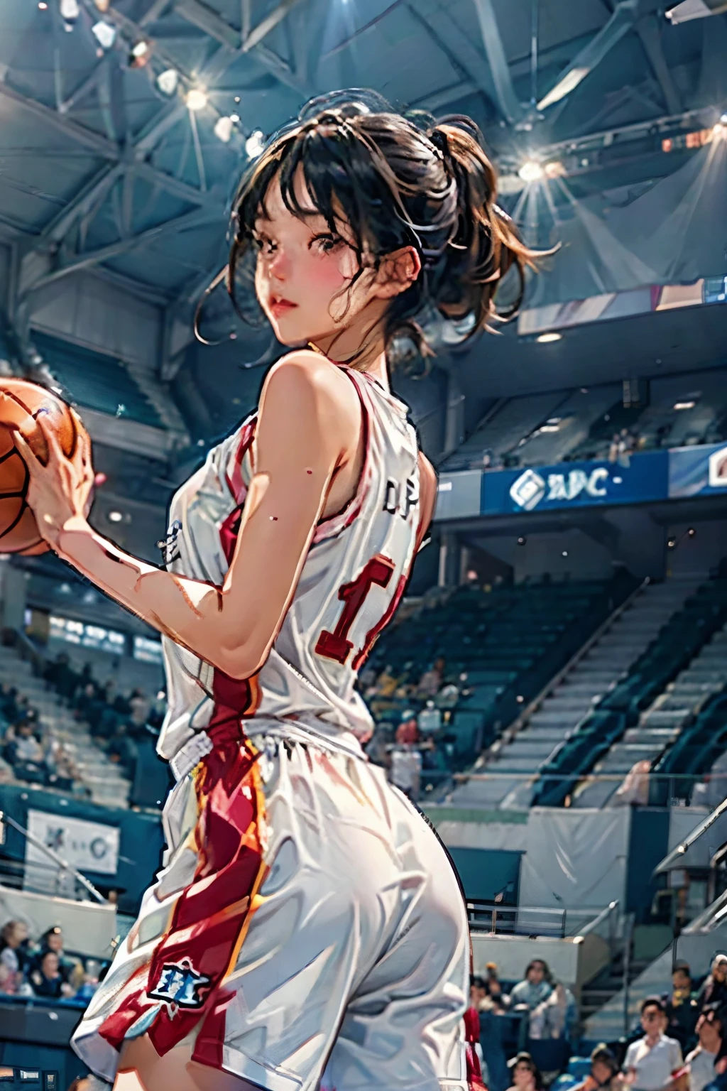 ((Female Basketball Player)), Young and beautiful girl、美しい顔のdetailedな描写、alone, dunk shot, Jumping Chute、close、Motion Blur、Dynamic Angle、stadium lighting、Blur the background、8Kdetailed, (detailed、masterpiece、Highest quality)、