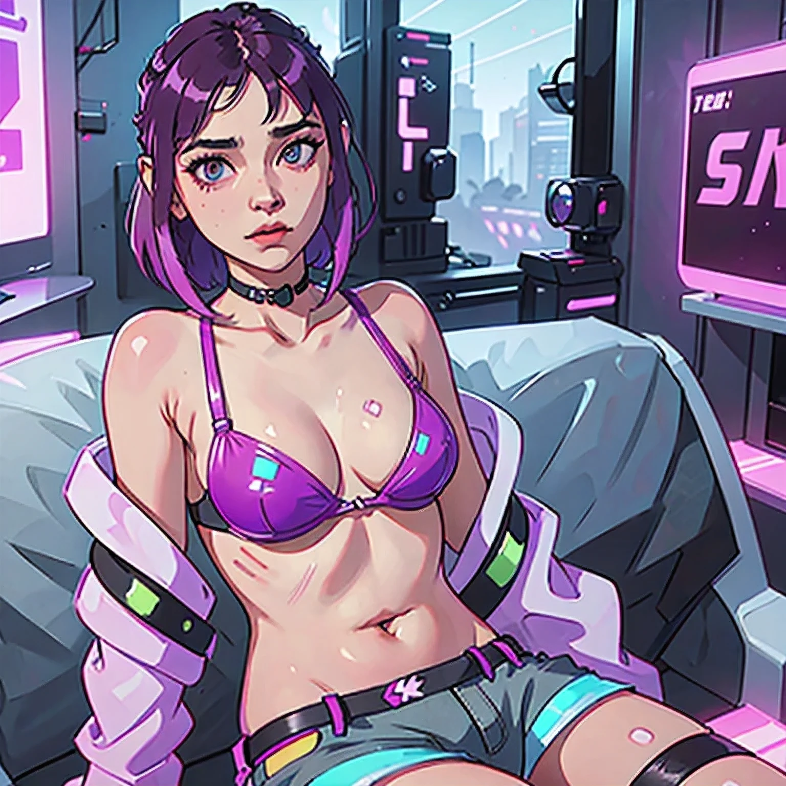 araffe with purple hair and a purple bra top posing for a picture, cyberpunk 2 0 y. o model girl, female cyberpunk anime girl, dreamy cyberpunk girl, cyberpunk anime girl, hyper-realistic cyberpunk style, cyberpunk beautiful girl, cyberpunk art ultrarealistic 8k, cyberpunk vibe, muted cyberpunk style, cyberpunk vibes, in cyberpunk style, cyberpunk style color