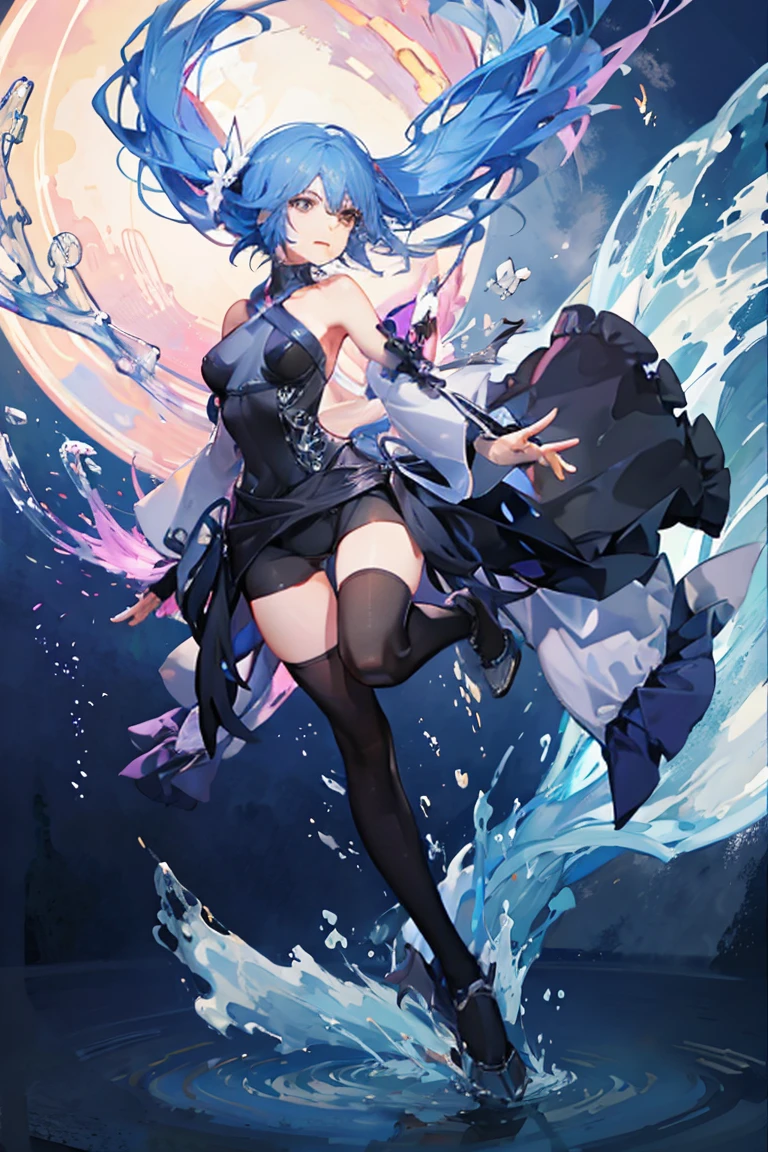 ((Full body photo, standing, feet on the ground)) aaaqua, 1girl, absurdres, close up, masterpiece, blue eyes, blue hair, breasts, chest strap, elbow gloves, gloves, pink ribbons, highres, (skirt), (kingdom hearts), looking at viewer, transparent water floor, smile, solo, clear sky, open field, empty background, wide sleeves, medium breasts, detatched sleeves, black shorts , fingerless gloves, light background, (thighhighs), portrait, view from the front, upper body