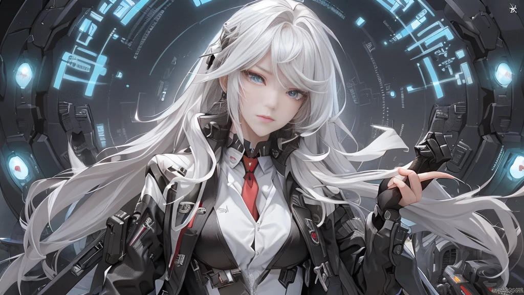 masterpiece, (best quality), (ultra-detailed), (ultra-realistic:1.2), landscape, sci-fi, transistorpunk, cyberpunk, biopunk, (magazine cover:1.4), (gray, white), female huge robot, visor, earring, mechanical angel wings on the back, angel wings, future town, dynamic pose, dynamic angle, small breasts, luxury, (gold, silver, green), neonmasterpiece, (best quality), (ultra-detailed), (ultra-realistic:1.2), landscape, sci-fi, transistorpunk, cyberpunk, biopunk, (magazine cover:1.4), (gray, white), 8k, UHD, The alone long waist white hair woman as the lone character as a magazine, yellow eyes, gold eyes, hair accessory, floating alone , high resolution, sci-fi city , Hyper detail mature face, black strapless bodysuit, white shirt, black panty, black jacket, black glove, ultra sharp, red necktie, black string full leg stocking, black string high thigh kneesock , exposed leg , black boot, feet visible, Hand Visible , twin sword, twin floating equipment, detail finger, 5 finger, Shooting pose，action pose,explosion effect, a determined expression on her face。