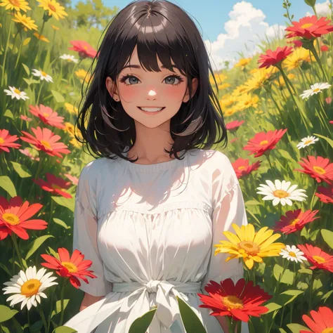 (masterpiece), (very high resolution), (very high quality), surrounded by flowers,one girl,upper body,smile,eyes are smiling,a b...