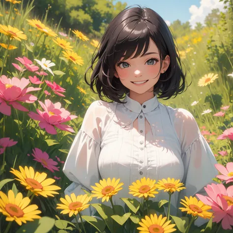 (masterpiece), (very high resolution), (very high quality), surrounded by flowers,one girl,upper body,smile,eyes are smiling,a b...