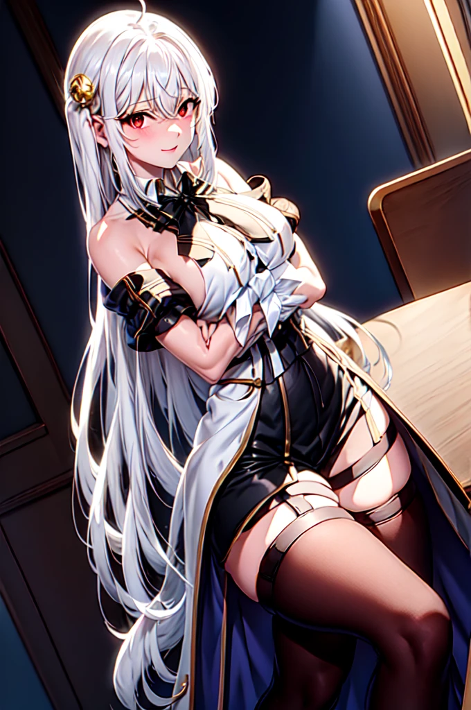 ninym ,masterpiece, glowing light,large breasts, perfect lighting, looking at viewer, flirty, 1girl, mature female,cowboy shot,thighs, white hair,gradient hair,red eyes, gradient eyes, glowing eyes, black thighhighs, thigh straps, white shirt, black bowtie, white gloves, ahoge, purple sleeves, (simple background), white background, gradient background, light smile, crossed arms, sitting, crossed legs