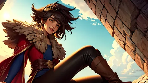 ((best quality)), ((masterpiece)), (detailed), taliyah, stones in background, smiling, sun shining on her, yellow eyes, light br...