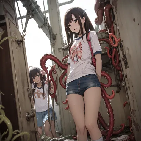 girl captured by tentacles in abandoned factory、tentacles in a skirt、pants fabric texture、cry、shout、get wet