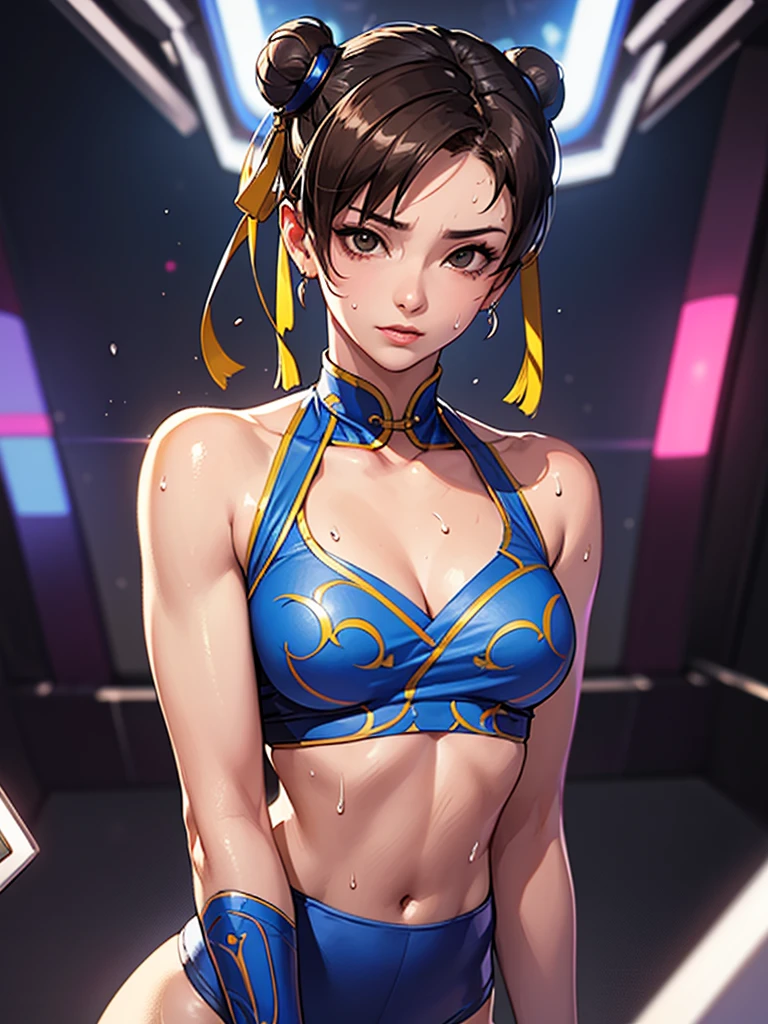 A masterpiece, high resolution, 4K,8K, perfect anatomy, bright sexy blue top and black leggings, wearing long leggings on only right leg side, string panties, ((sweating)), the background is a building advertisement with dazzling neon light, ((sexy body)) , ((sexy face Chun-Li)), (standing posture),athlete, Chun-li in street fighter’ character, extra digit, bad hands, 1girl, upper body, front view, stylish pose, looking at viewer, good applying makeup, (((small breasts))), cleavage, midriff peek, glistening skin, nightclub background,Delete everything except the character