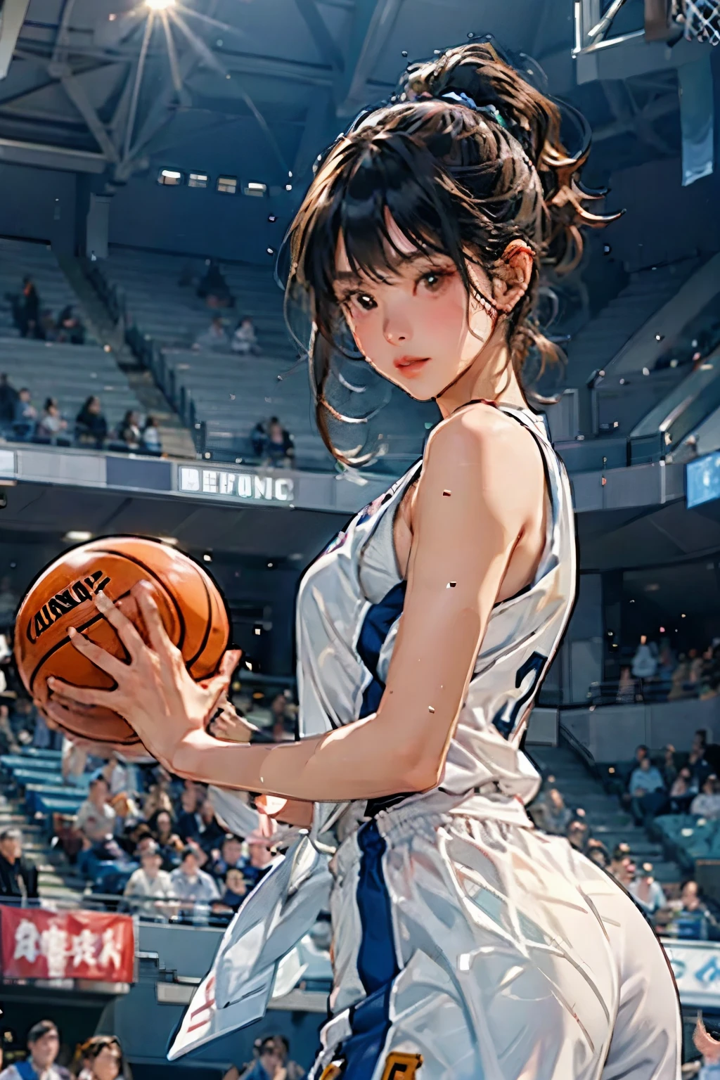 ((Female Basketball Player)), Young and beautiful girl、美しい顔のdetailedな描写、alone, dunk shot, Jumping Chute、close、Motion Blur、Dynamic Angle、stadium lighting、Blur the background、8Kdetailed, (detailed、masterpiece、Highest quality)、