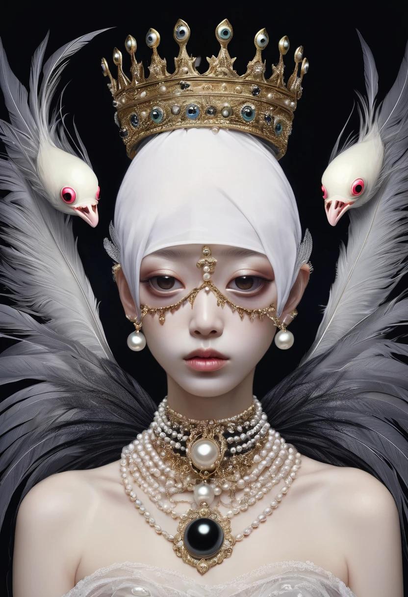 (masterpiece, best quality:1.2),Grotesque Aesthetics:1.56， Ugly faceless person，There are many eyeballs growing on the skin of the face，teeth， Solitary，black background，crown，veil，hand，Pearl Necklace，Feather wings