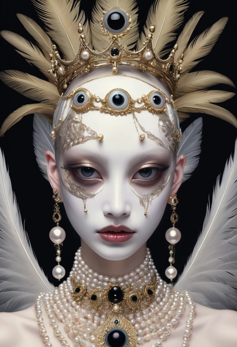 (masterpiece, best quality:1.2),Grotesque Aesthetics:1.56， Ugly faceless person，There are many eyeballs growing on the skin of the face，teeth， Solitary，black background，crown，veil，hand，Pearl Necklace，Feather wings