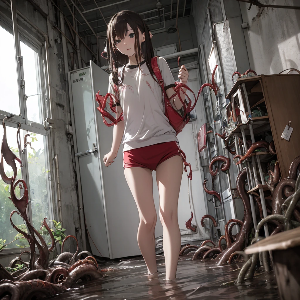 Girl captured by tentacles in abandoned factory、Tentacles in a skirt、Pants fabric texture、Watery eye、shout、Get wet、Reluctant、run away