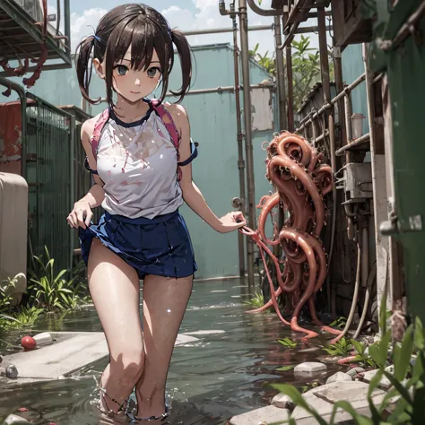 girl captured by tentacles in abandoned factory、tentacles in a skirt、pants fabric texture、watery eye、shout、get wet、reluctant、run...