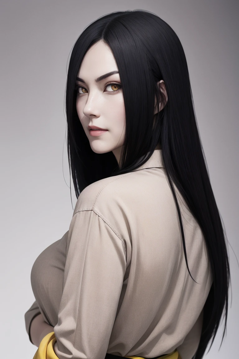 {-erro_de_anatomia:1.0} estilo anime, Masterpiece, absurdities, Orochimaru\(Naruto\), 1girl Solo, Mature woman, Oversized shirt with broad shoulders, Perfect composition, Detailed lips, large breasts, Beautiful face, body proportion, Blush, Long black hair, ( black hair), yellow eyes, Soft gauze, Super realistic, Detailed, photo shoot, Realistic faces and bodies, masterpiece, best quality, bes, hyper detailed, 1 girl, solo, glamorous, blushing, upper body, backwards, looking back