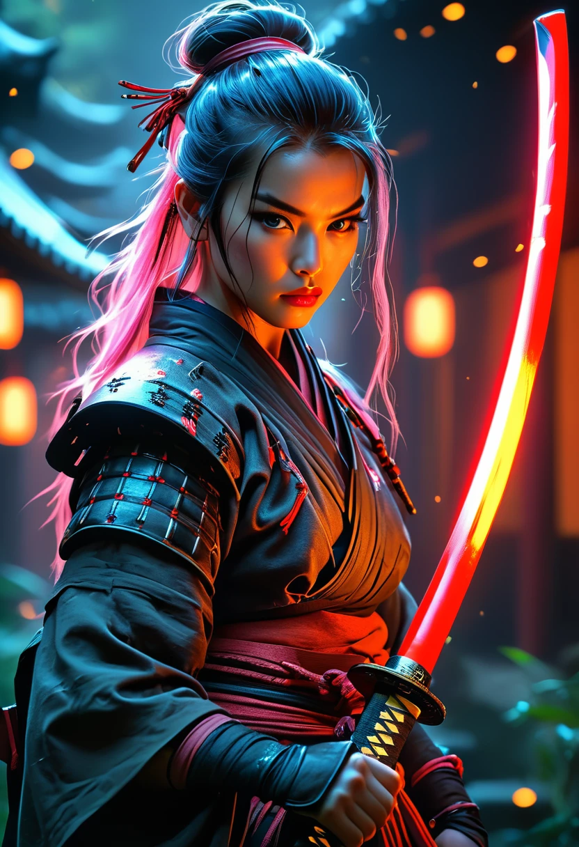 武士, 25歳女性, ハイパーリアリズム, 非常に詳細な肌, 4k,,, アシュリーウッドアートAI,, 刀 profile picture, 有機的な絵画, 夜間, マットペイント, 大胆な形, ハードエッジ, ストリートアート, アートステーションでトレンド, 黄光建、ギル・エルヴグレン、サチン・テン, 輝く, 刀