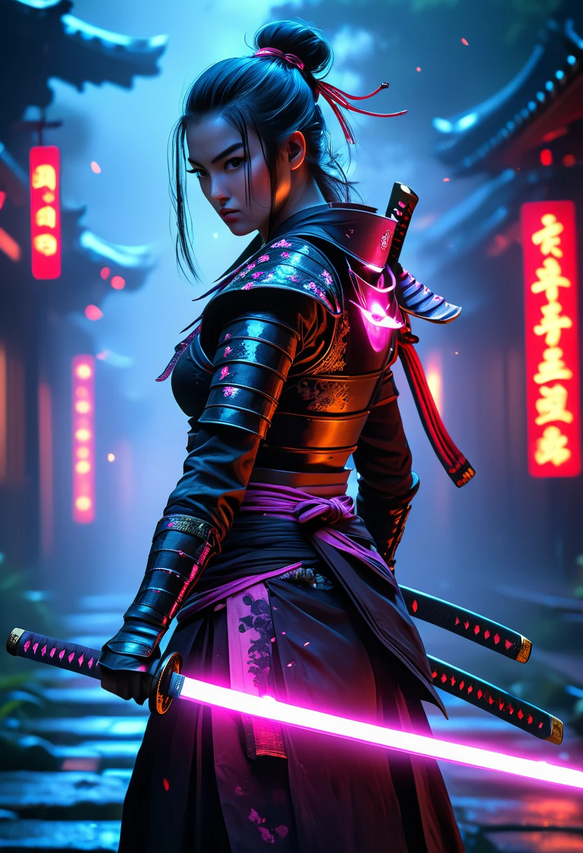 Samurai, 25yo Frau, Hyperrealismus, sehr detaillierte Haut, 4k,,, shabbychic,, Katana profile picture, Organische Malerei, Nachtzeit, Mattes Malen, mutige Formen, Harte Kanten, Straßenkunst, Trends auf ArtStation, von Huang Guangjian, Gil Elvgren und Sachin Teng, Glühen, Katana