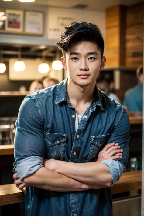 ((realistic daylight)) , young korean man in black sports shirt only, no pattern, denim shirt, jeans., a handsome, muscular youn...